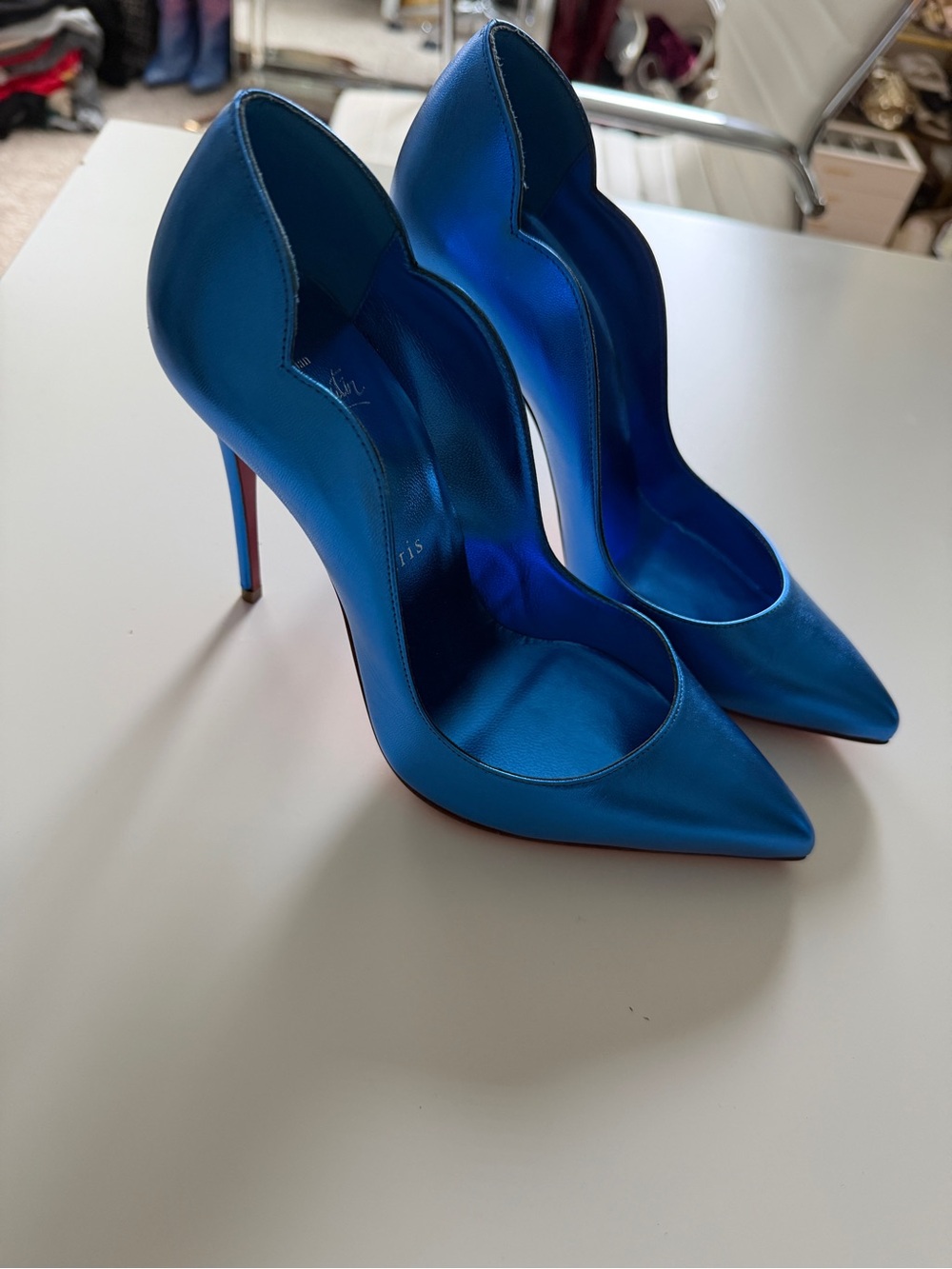 Christian Louboutin Electric Blue Satin Scalloped-Edge Stilettos